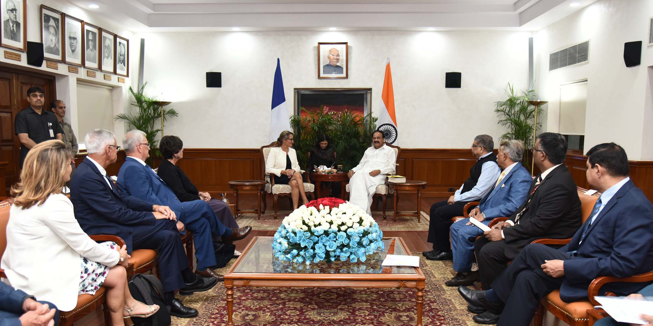 A delegation of French Parliamentarians led by the Chair, Senate Standing Committee for Economic Affairs, France, . Sophie Primas calling on the Vice President,  M. Venkaiah Naidu, in New Delhi on September 09, 2019.