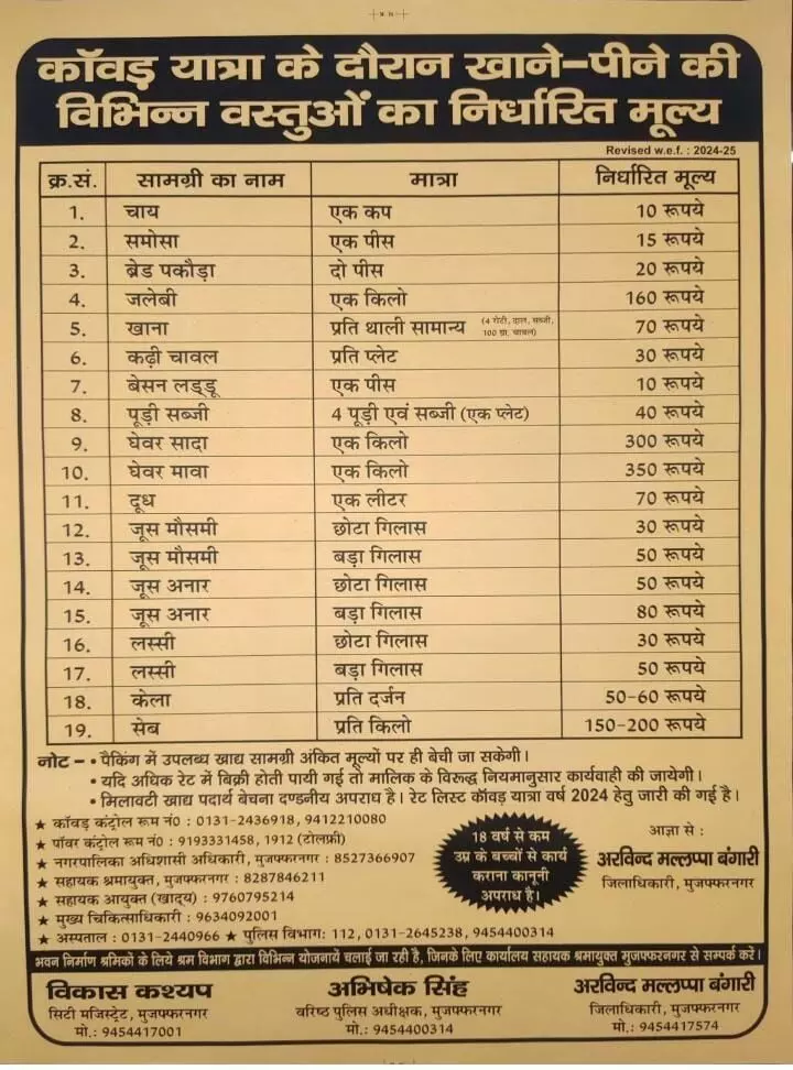 कांवड़ यात्रा को लेकर रेट लिस्ट जारी- ज्यादा वसूले तो कार्यवाही होगी..